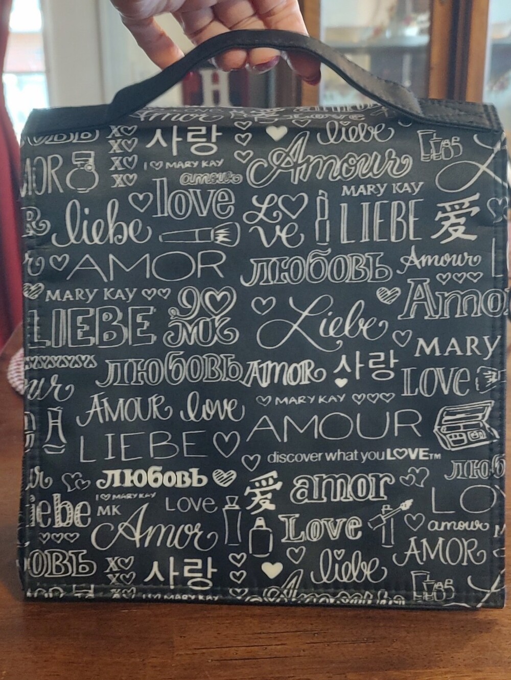 Mary Kay Black Cosmetic Tote with White Script Print